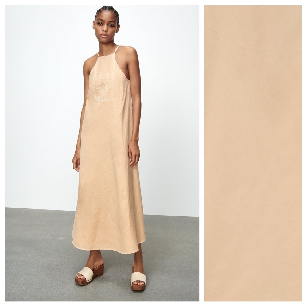 NWT. Zara Beige-Pink/Peach Linen Blend Embroidered Midi Dress. Size S.